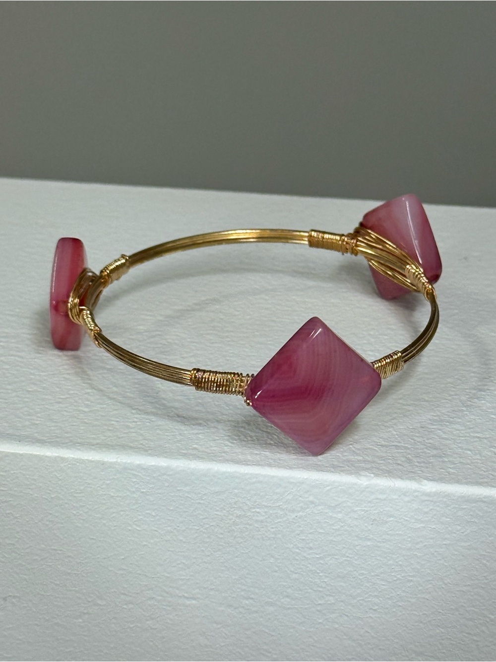 Bourbon & Bowties Gold Wire Pink Agate Diamond Bangle Bracelet